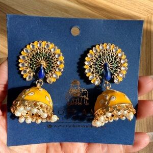 Rooham Yellow Enamel Peacock Jhumka Earrings with Pearl Fringe